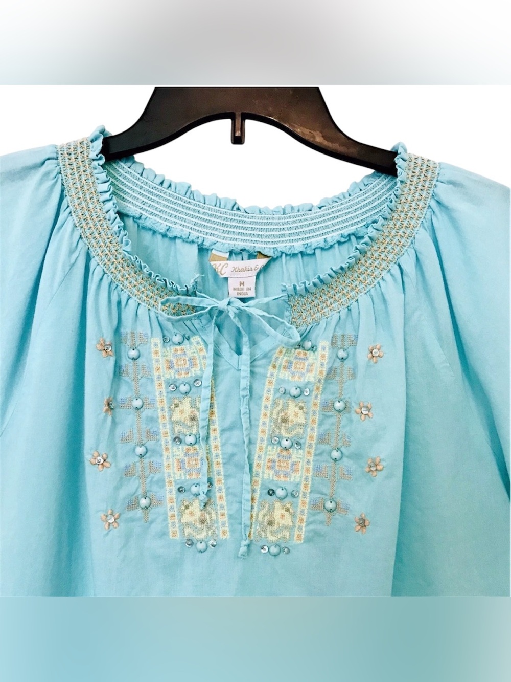 KC Khakis & Co. Womens M Mint Peasant Embroidered Beaded Short Sleeve Boho Top - Picture 3 of 10